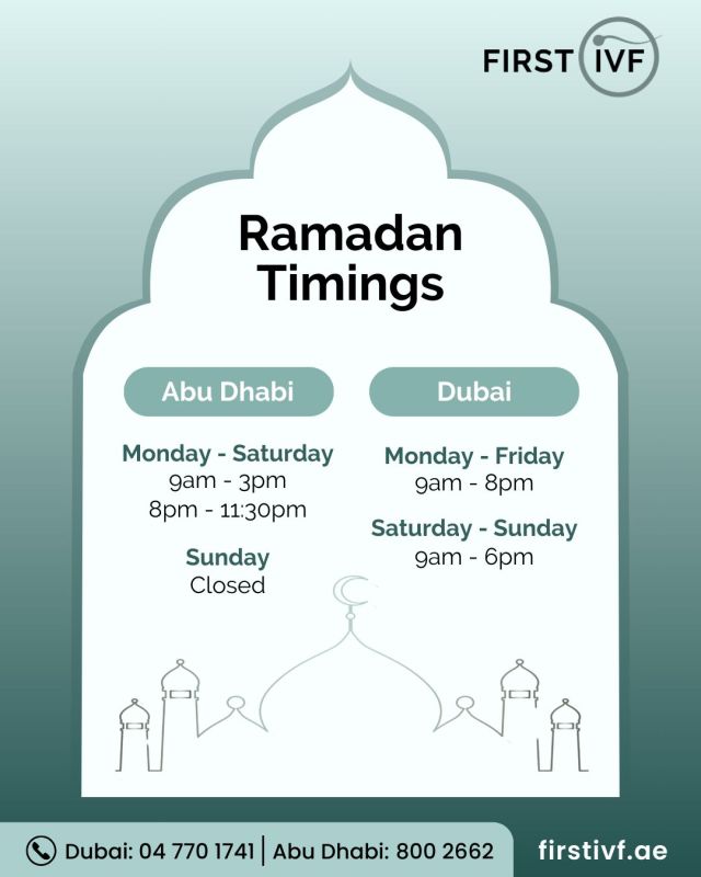 This Ramadan, we've adjusted our clinic hours to provide you with greater flexibility. Book your appointment with us today!

 ☎️ Call 04 770 1741
 📍Dubai Healthcare City
 
 ☎️ Call 800 2662
 📍Abu Dhabi, in Burjeel Hospital

#RamadanKareem